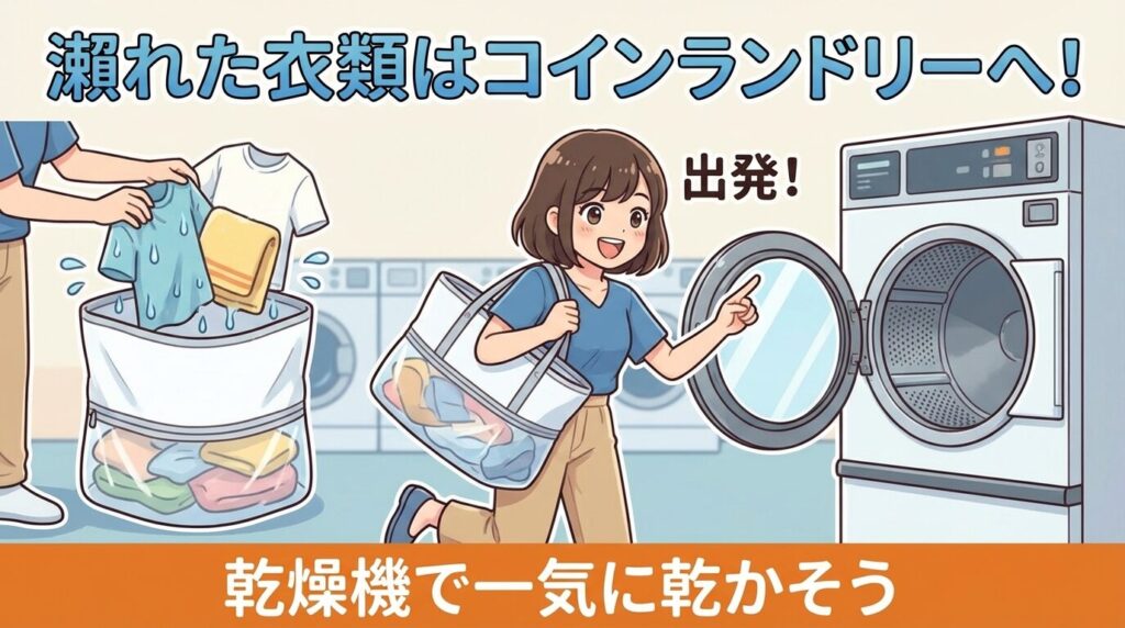コインランドリーへの避難：濡れた衣類の運び方
