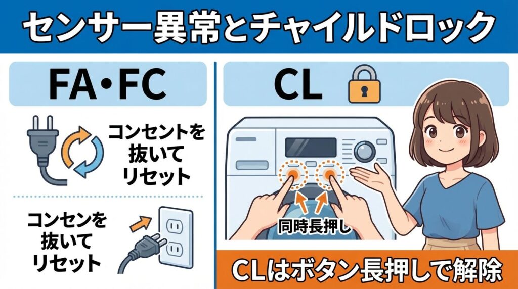 FA・FC（センサー異常）とCL（チャイルドロック）