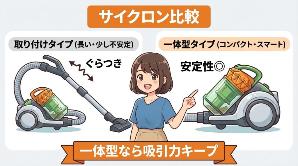 サイクロンアタッチメントは吸引力が落ちる？一体型との比較