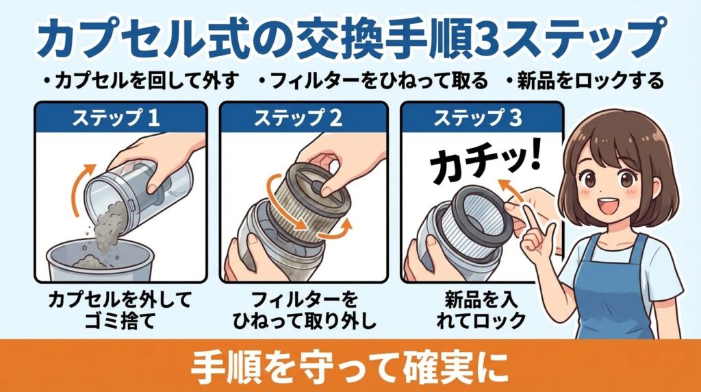カプセル式の交換手順3ステップ