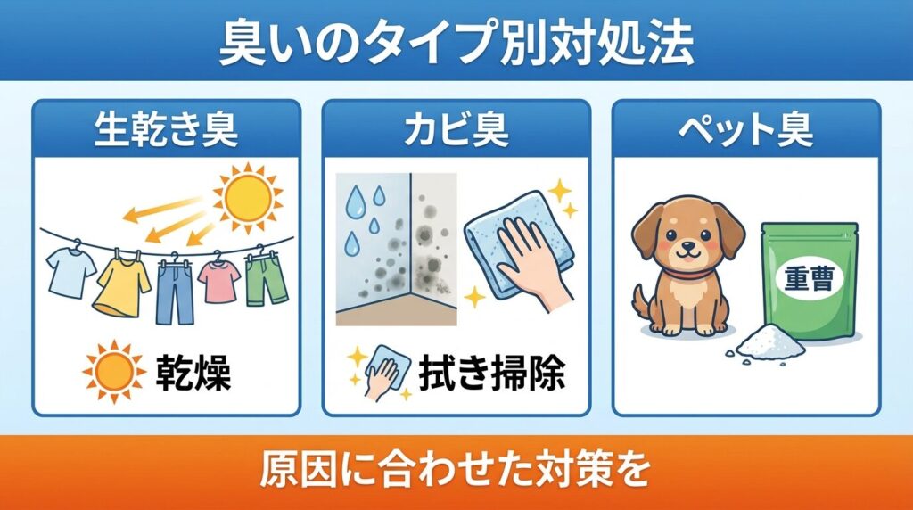 「生乾き臭／カビ臭／ペット臭」で対処が変わる：臭いタイプ別の見分け方