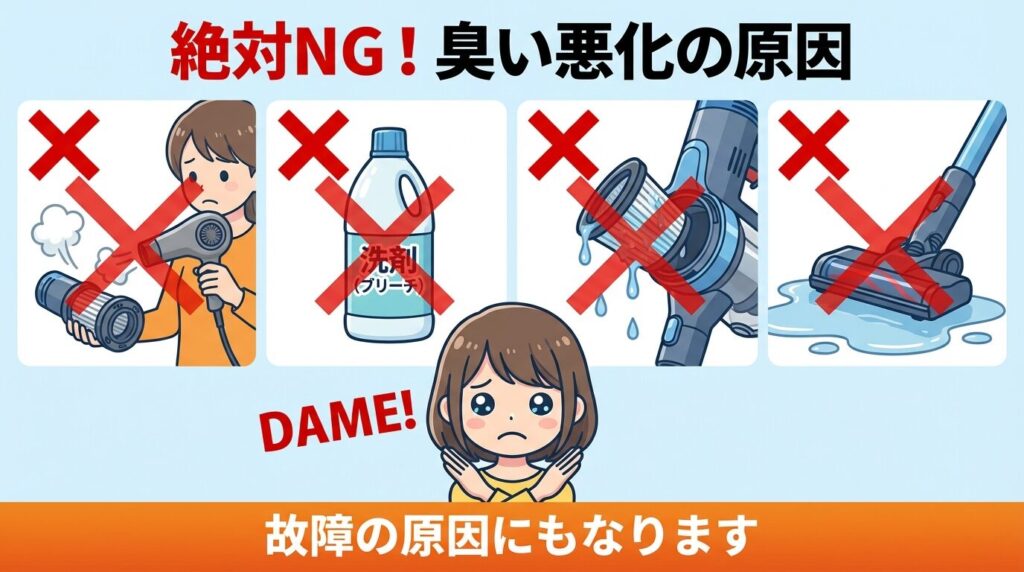 洗っても臭いが戻る本当の犯人：サイクロン内部の通気路・パッキン周りの溜まり埃