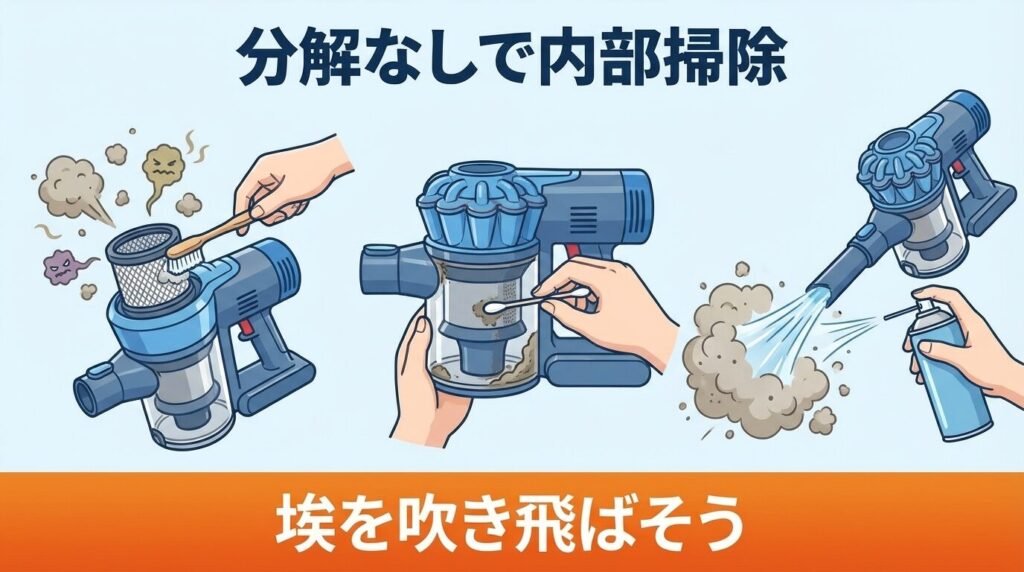 分解なしでできるサイクロン内部掃除：ブラシ・綿棒・エアダスター（冷風）で臭いの元を除去