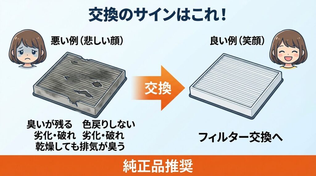 交換すべき判断基準：臭いが残る／色戻りしない／劣化・破れ／乾燥しても排気が臭う→フィルター交換へ（純正vs互換の選び方）