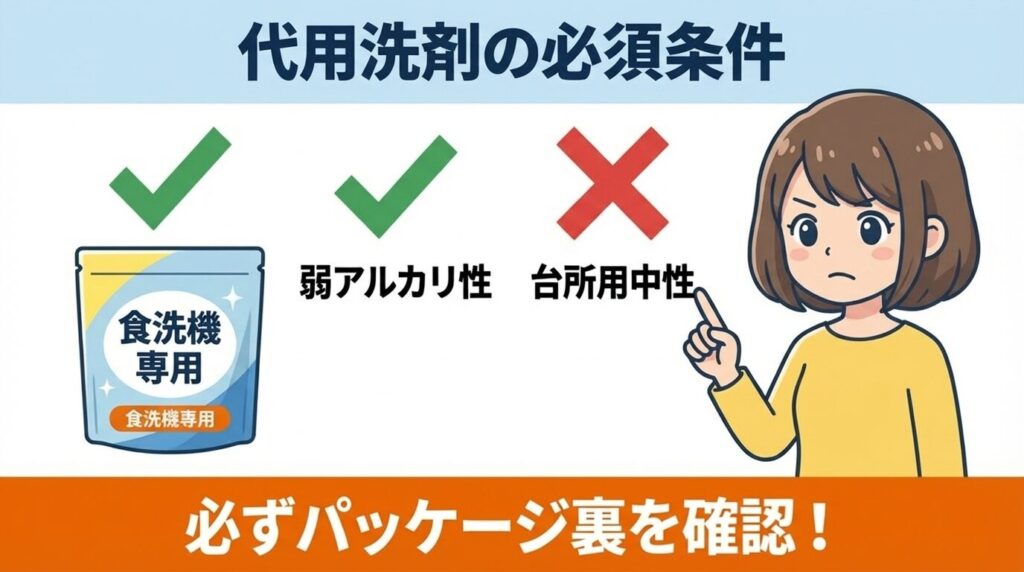 代用可能な洗剤の条件：弱アルカリ性・専用品
