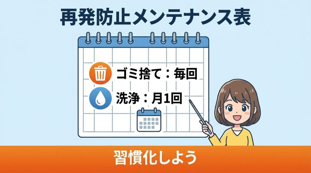 再発防止のメンテ表：使用頻度別（毎日/週2-3回）フィルター洗浄・ダストカップ清掃・保管場所のコツ