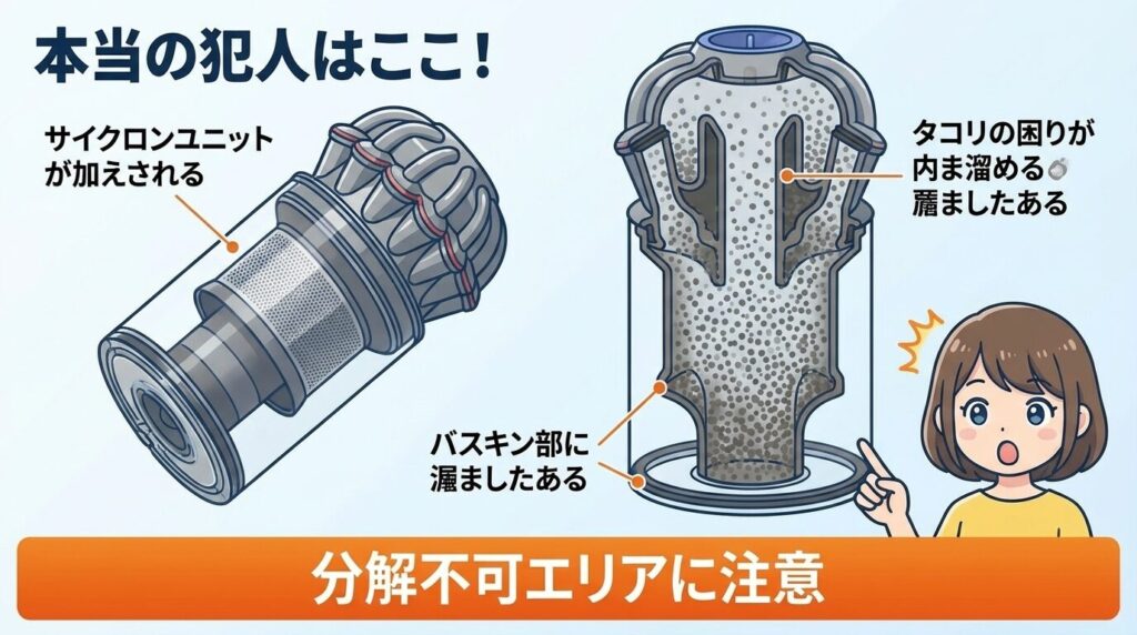 洗っても臭いが戻る本当の犯人：サイクロン内部の通気路・パッキン周りの溜まり埃