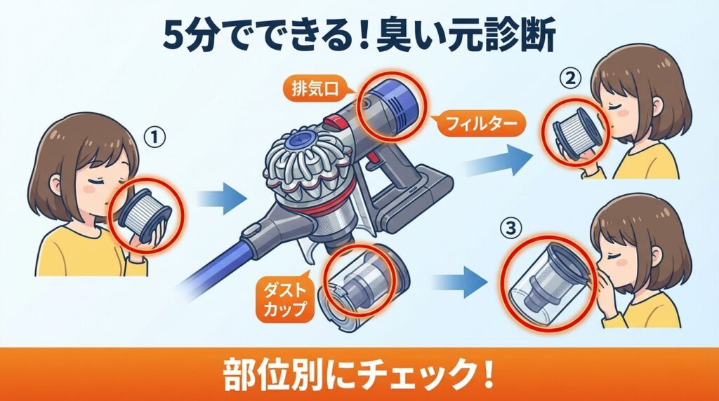まず5分で判定：排気口・フィルター単体・ダストカップを嗅いで臭い元を切り分けるチェックリスト