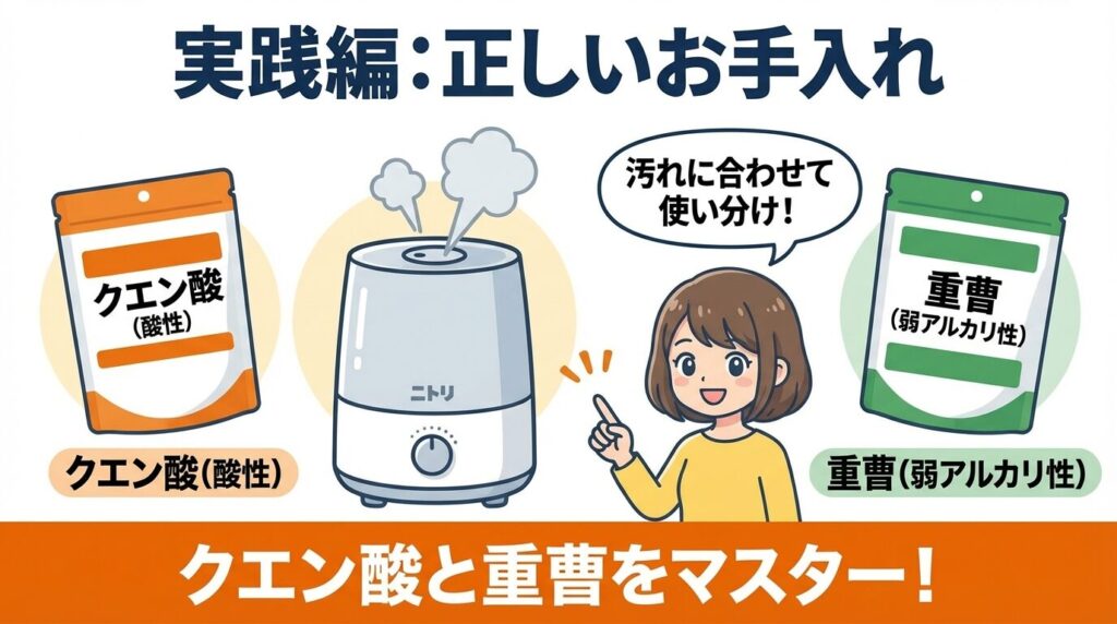 実践編:ニトリ加湿器の正しいお手入れ!クエン酸と重曹の使い分け