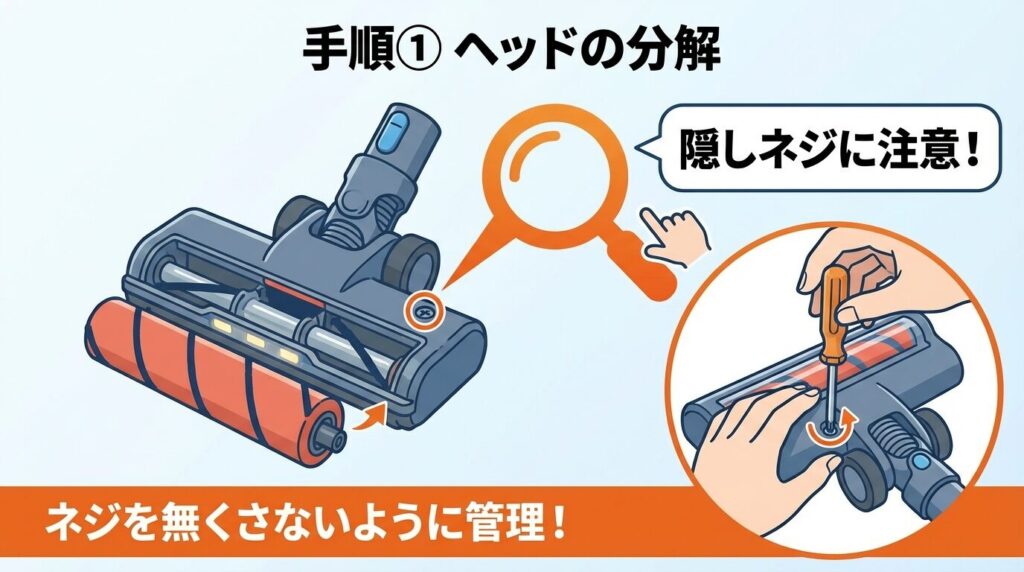 手順①：ソフトローラークリーナーヘッドの分解と古いホースの除去