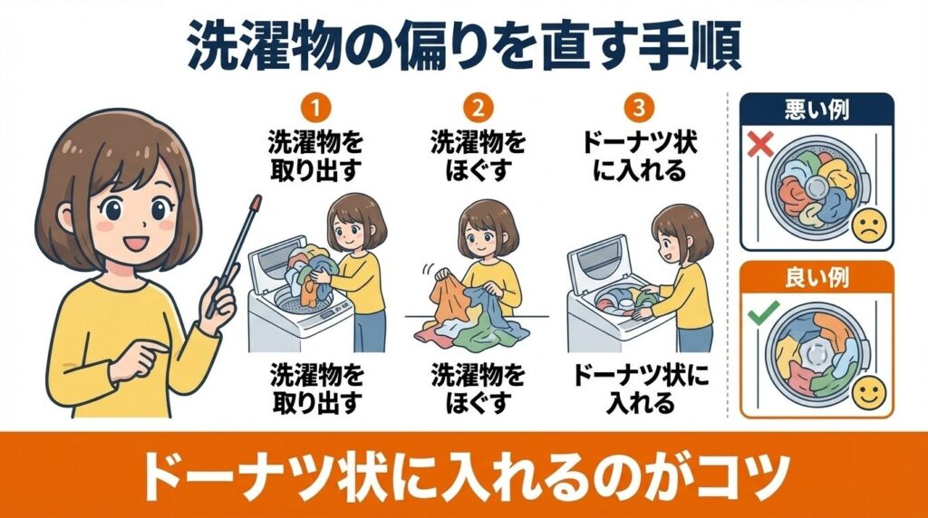 洗濯物の偏りを解消し脱水のみ行う手順