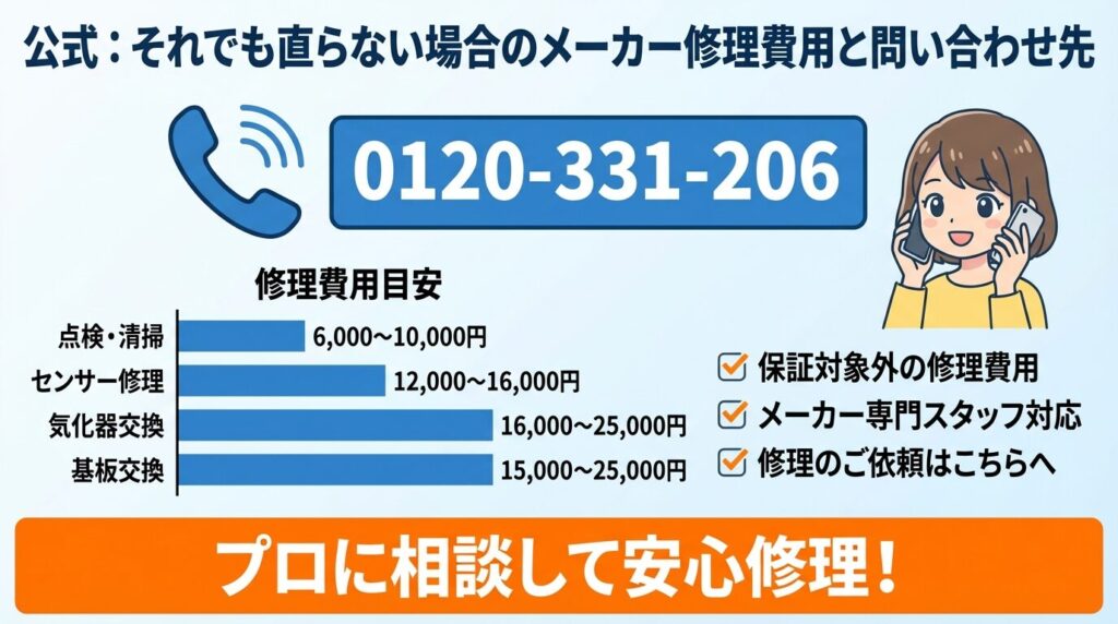 公式:それでも直らない場合のメーカー修理費用と問い合わせ先