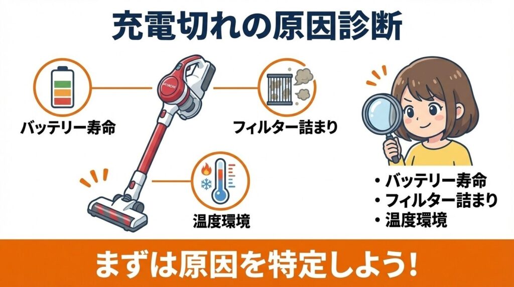 日立掃除機の充電がすぐ切れる原因とは?3分で寿命診断
