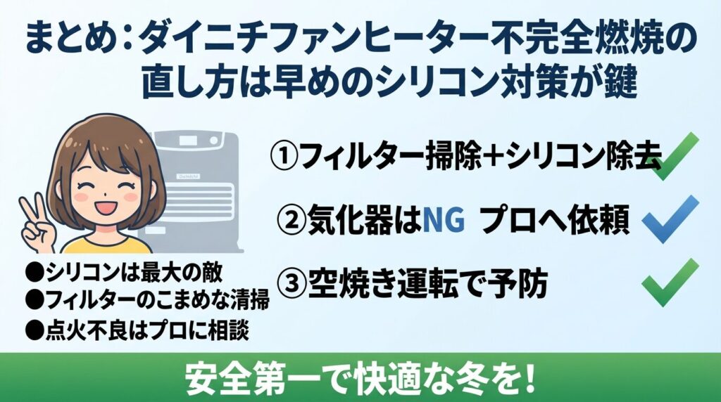 まとめ:ダイニチファンヒーター不完全燃焼の直し方は早めのシリコン対策が鍵