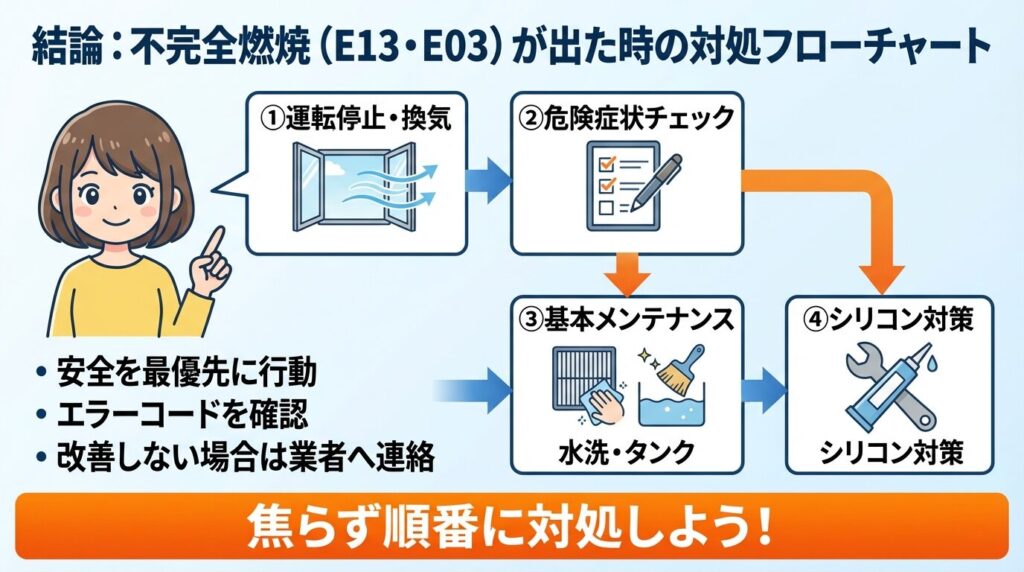 結論:不完全燃焼(E13・E03)が出た時の対処フローチャート
