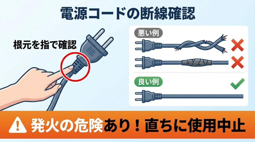 電源プラグの断線とコンセント異常の確認
