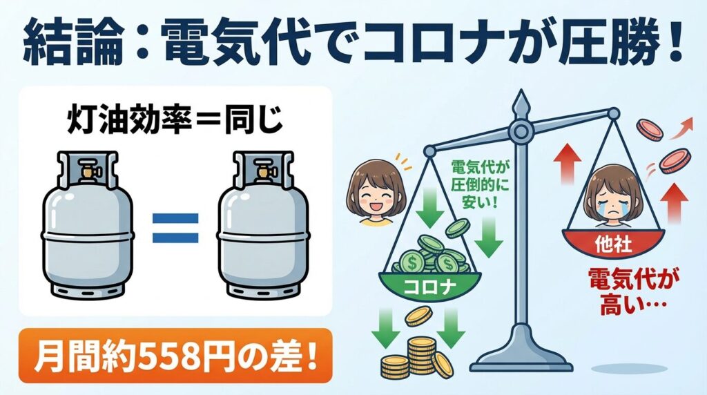 結論：灯油効率にメーカー差なし！電気代はコロナが圧勝