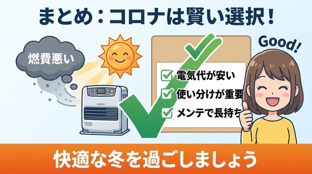 まとめ：正しい使い方を知ればコロナのファンヒーターは燃費悪いわけではない