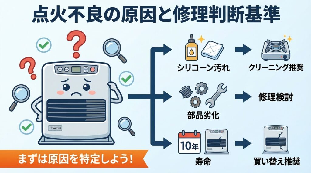 ダイニチファンヒーター点火不良の原因と修理判断基準