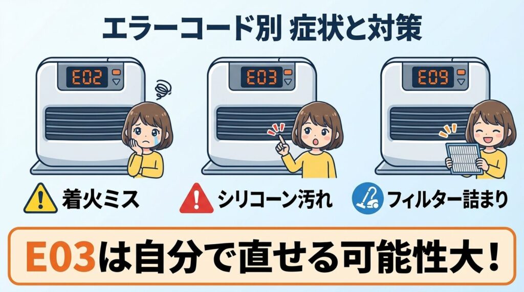 エラーE02・E03・E09の違いと症状
