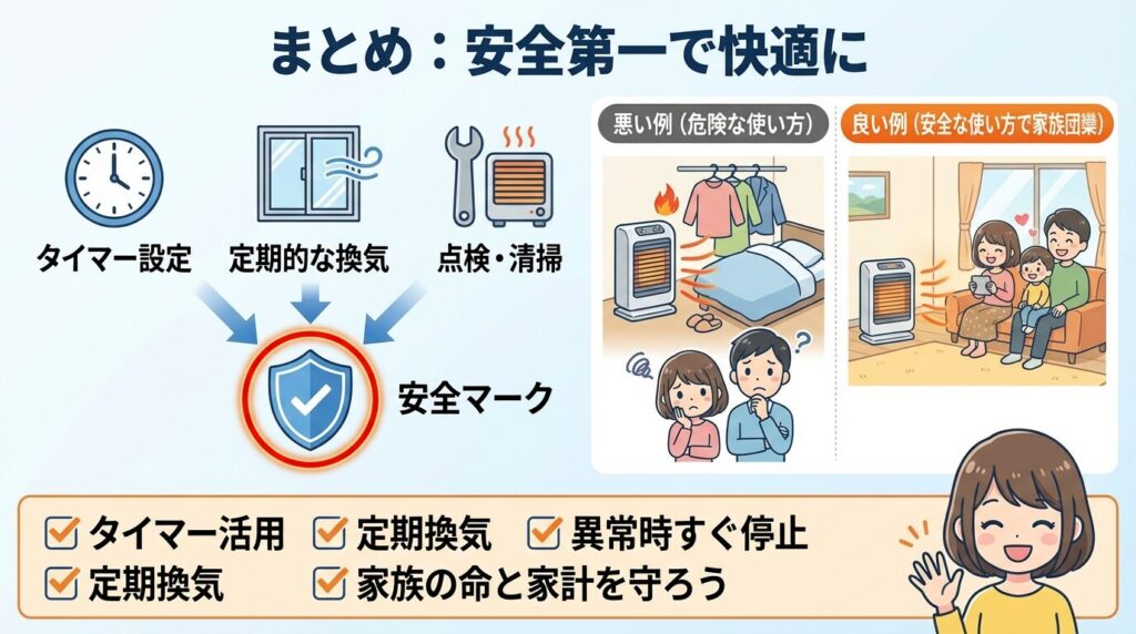 まとめ：ファンヒーターつけっぱなしは避け安全第一で