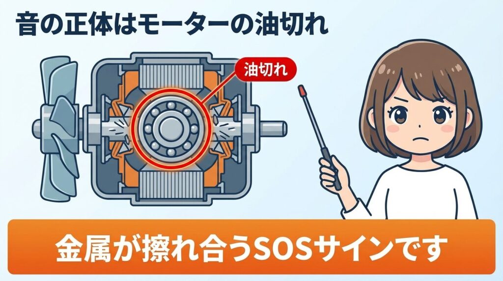 音の正体は回転部品の油切れや劣化が主な原因