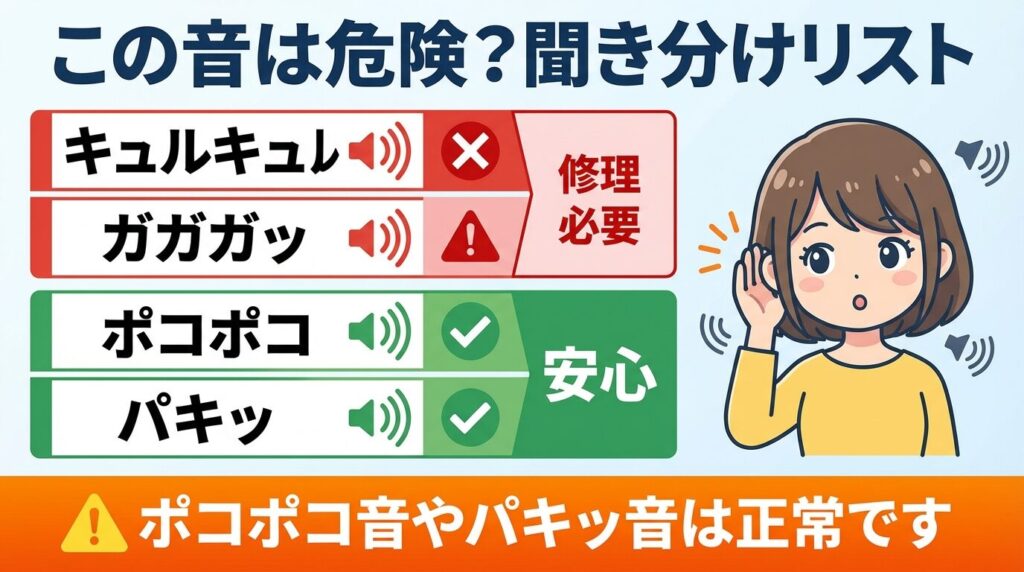 キュルキュル以外の異音との違いを聞き分ける