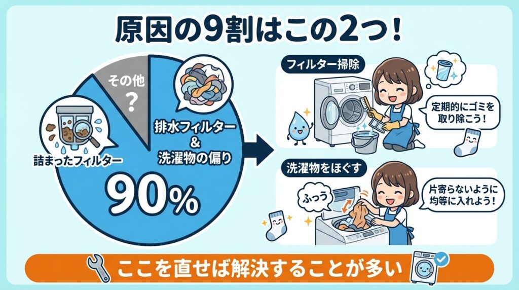 排水フィルターの詰まりや偏りが原因の9割