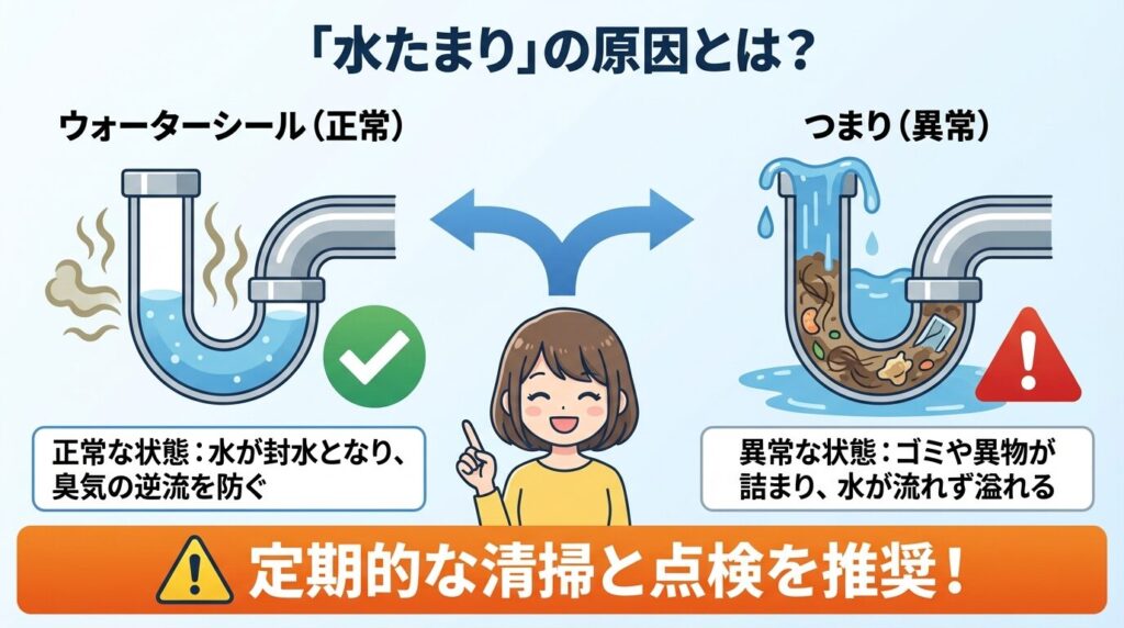 【結論】水がたまる主な原因は「封水」か「排水経路の詰まり」の2つ