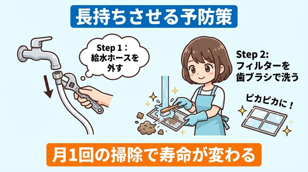 交換後に長持ちさせるための給水フィルター掃除と予防策