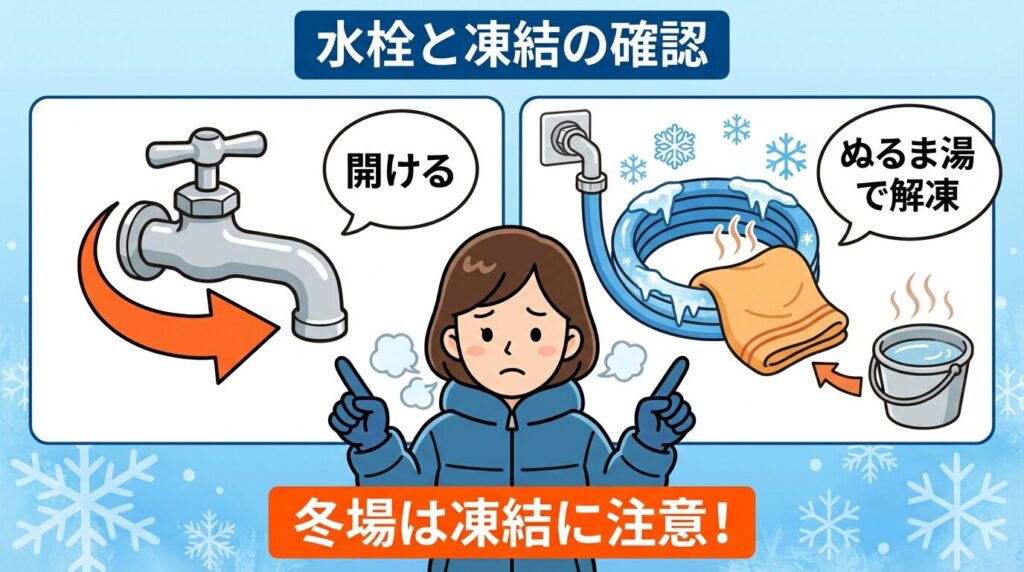 水栓の閉まりやホースの凍結を点検