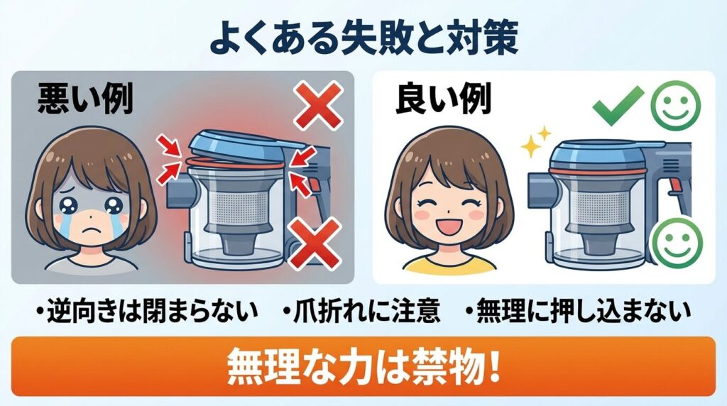 よくある失敗事例！無理に押し込んで蓋が閉まらない時の対処法と注意点