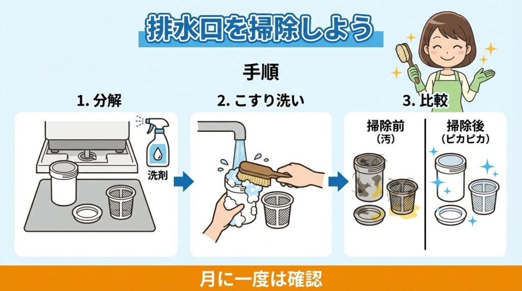実はここが汚れている！排水口と奥の掃除手順