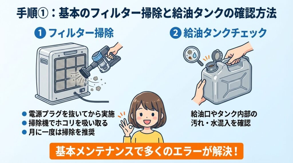 手順①:基本のフィルター掃除と給油タンクの確認方法