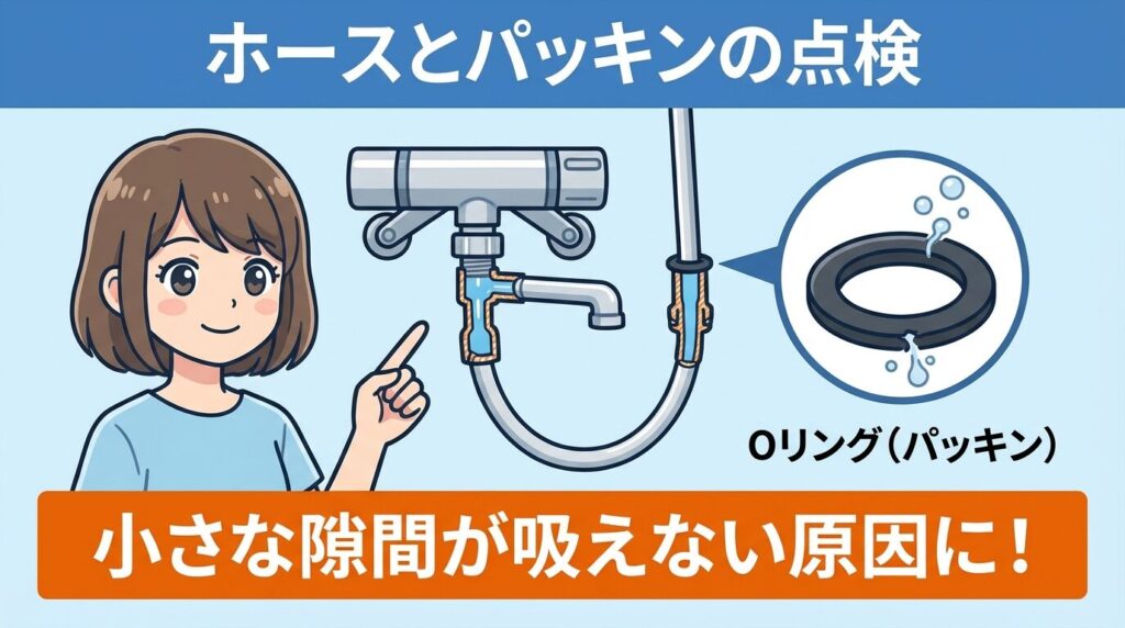 ホース接続とパッキンの劣化を確認する