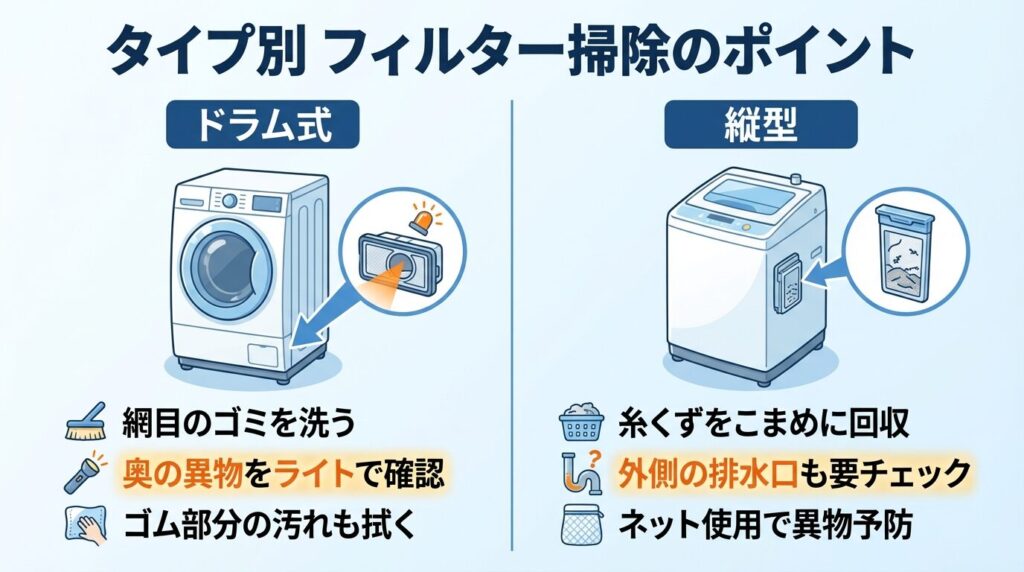 ドラム式と縦型で違う排水フィルター掃除法