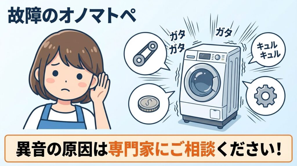 「キュルキュル」「ガタガタ」等の擬音でわかる不具合