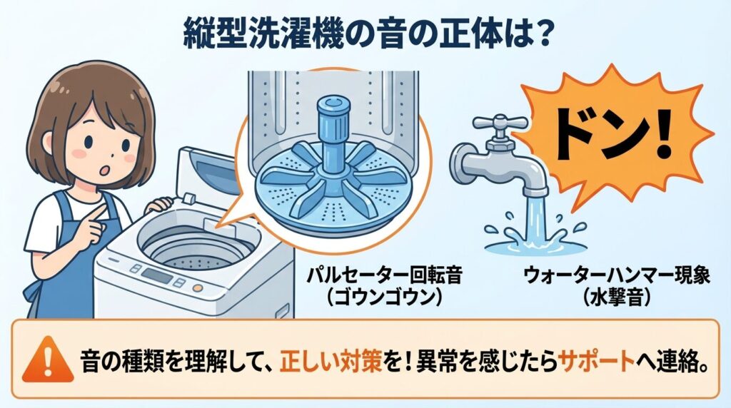 縦型洗濯機のパルセーターや給水音が響く原因