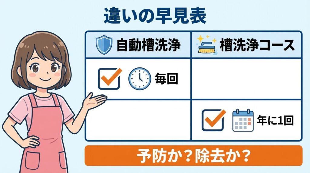 違いを解説！自動槽洗浄と槽洗浄コース【早見表】