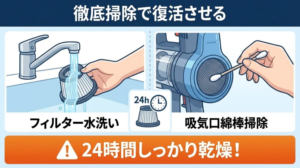 吸気口とフィルター掃除で「30秒で止まる」症状を改善