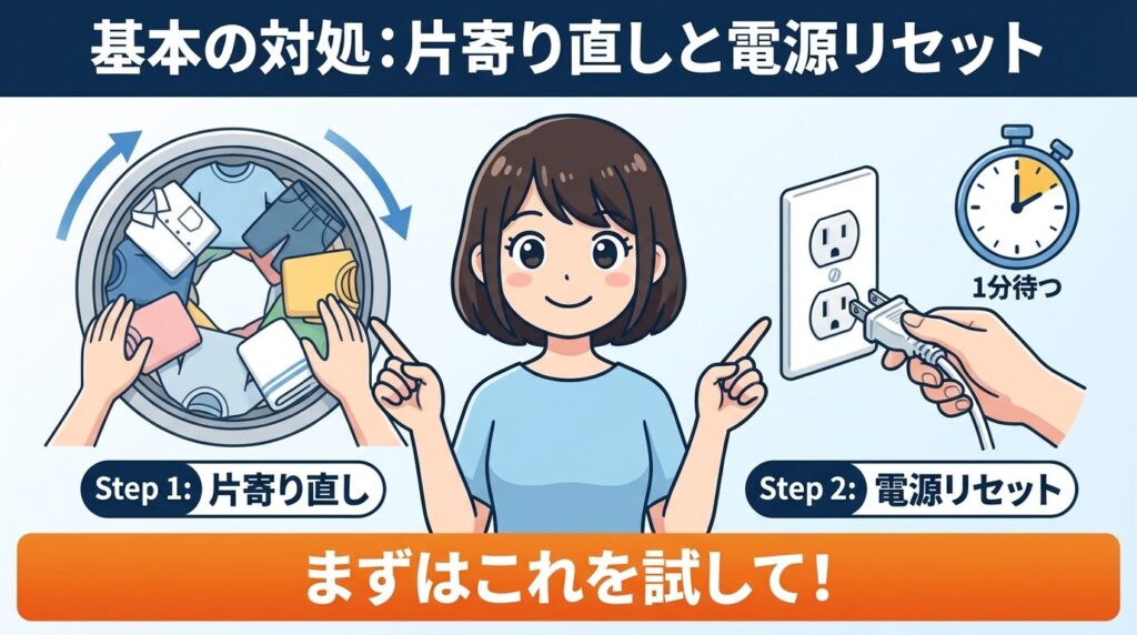 洗濯物の片寄り直しと電源リセットの手順