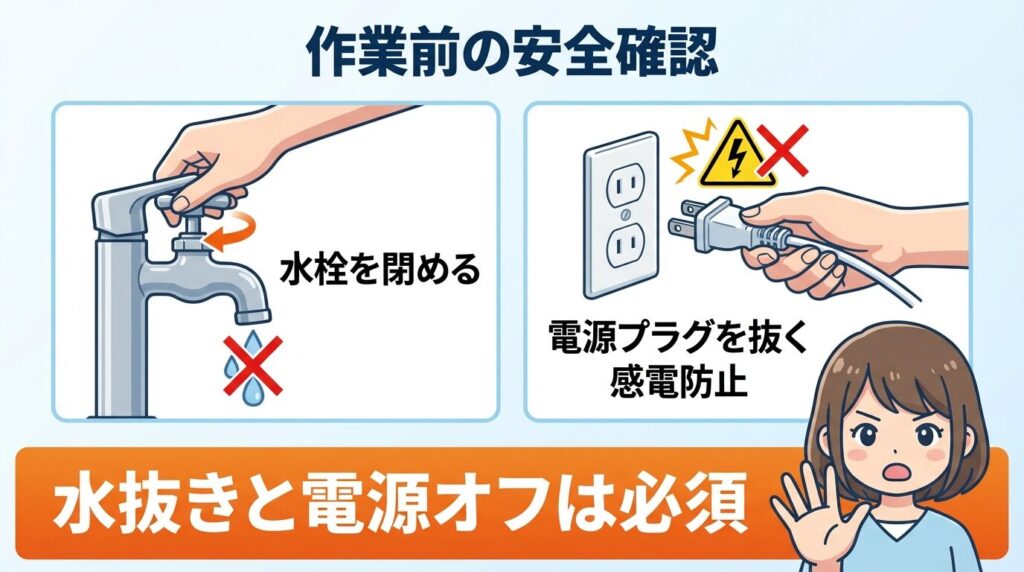 作業前の水抜きと電源の安全確認