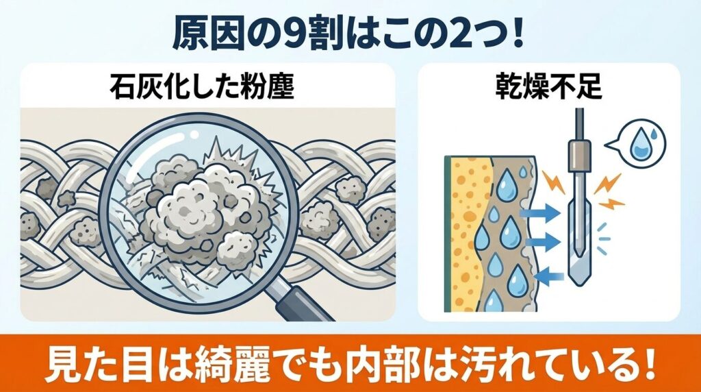 結論：内部の「微細な粉塵詰まり」か「乾燥不足」が9割