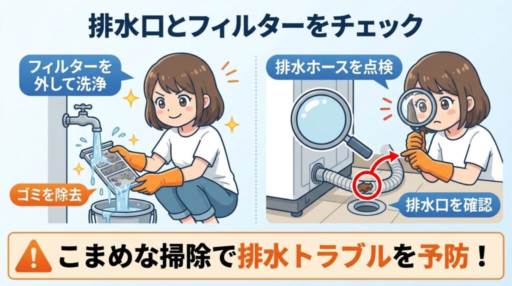 直らないなら排水口やフィルターを確認