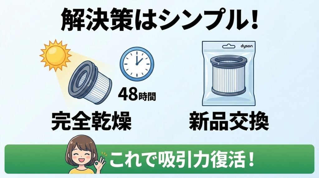 まとめ：ダイソン掃除機のフィルター掃除したのに不調なら「完全乾燥」か「交換」を