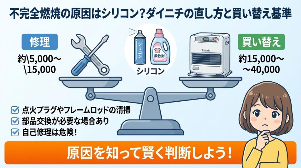 不完全燃焼の原因はシリコン?ダイニチの直し方と買い替え基準