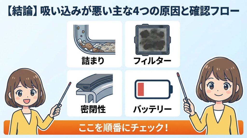 【結論】吸い込みが悪い主な4つの原因と確認フロー