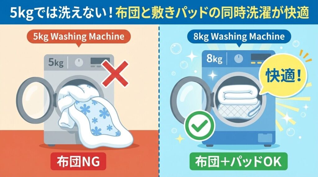 5kgでは洗えない！布団と敷きパッドの同時洗濯が快適
