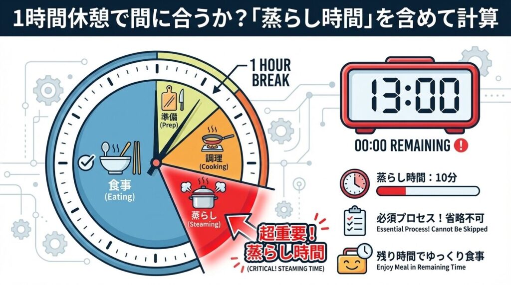 1時間休憩で間に合うか？「蒸らし時間」を含めて計算