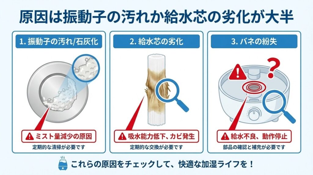 原因は振動子の汚れか給水芯の劣化が大半